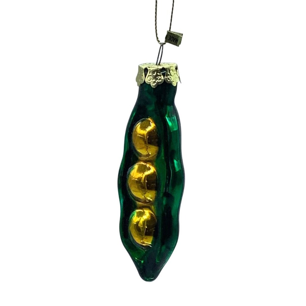 Vtg Peas In A Pod Christmas Glass Ornament‎ Green & Gold 3.5" Holiday